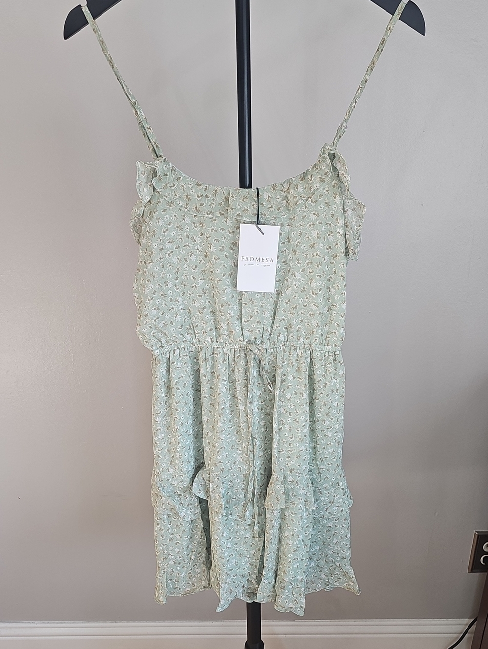 Promesa Light Mint Floral Tiered Spaghetti Strap Dress